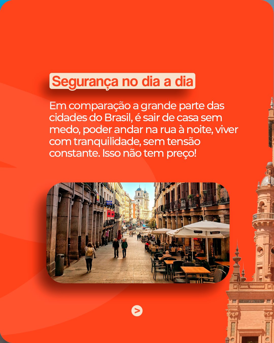 Tela 2: fundo laranja sólido com foto recortada de uma rua tranquila; segurança no dia a dia