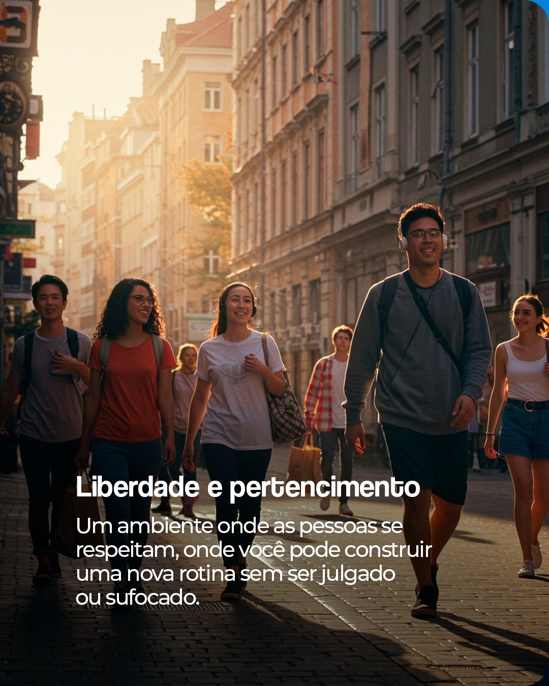 Tela 6: jovens caminhando numa rua ao pôr do sol; liberdade e pertencimento