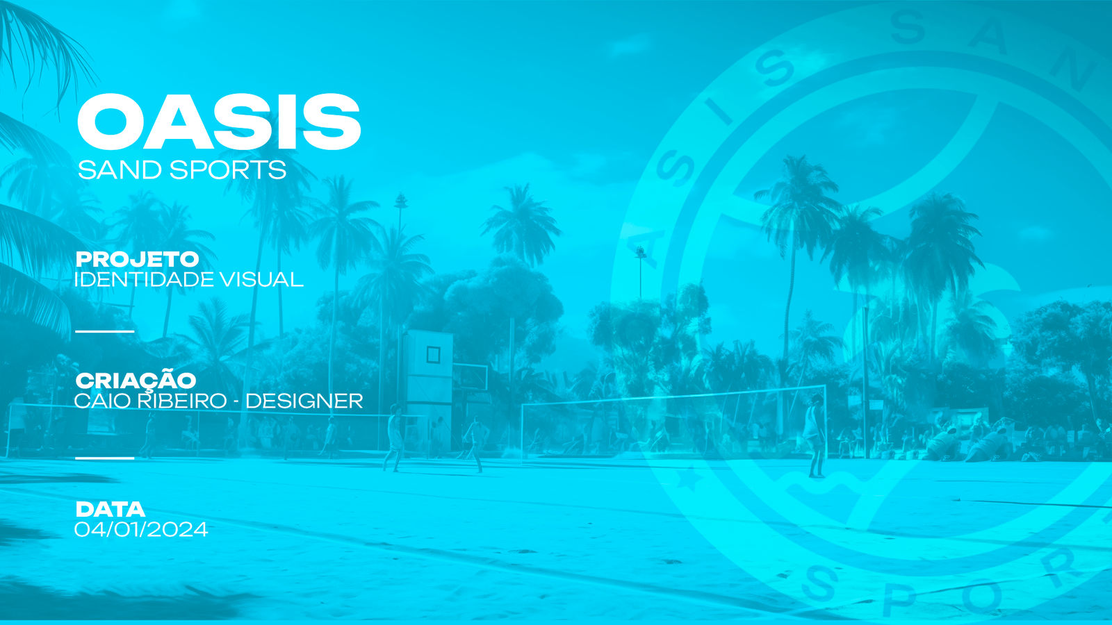 Capa da apresentação da Oasis Sand Sports sobre foto de quadras de areia em azul