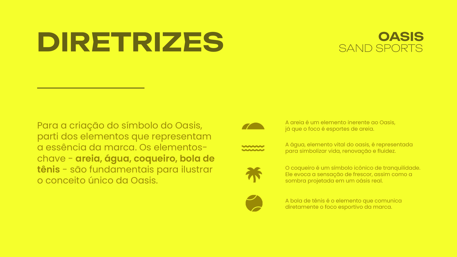 Prancha de diretrizes com os ícones de areia, água, coqueiro e bola de tênis