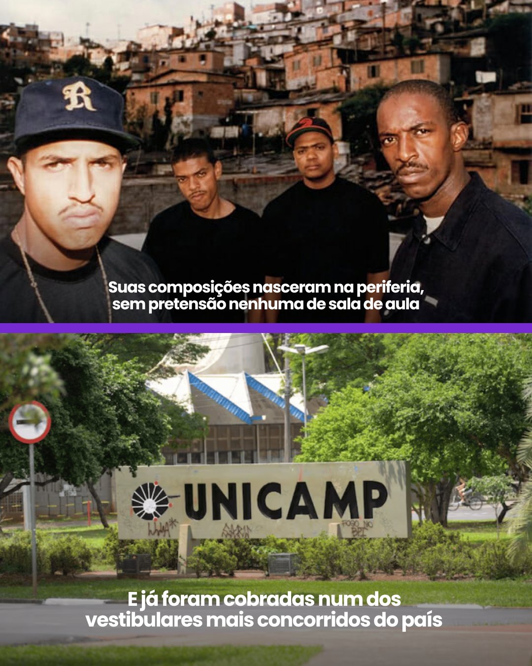 Tela 3: composições nascidas na periferia que foram cobradas num dos vestibulares mais concorridos do país, com foto da Unicamp